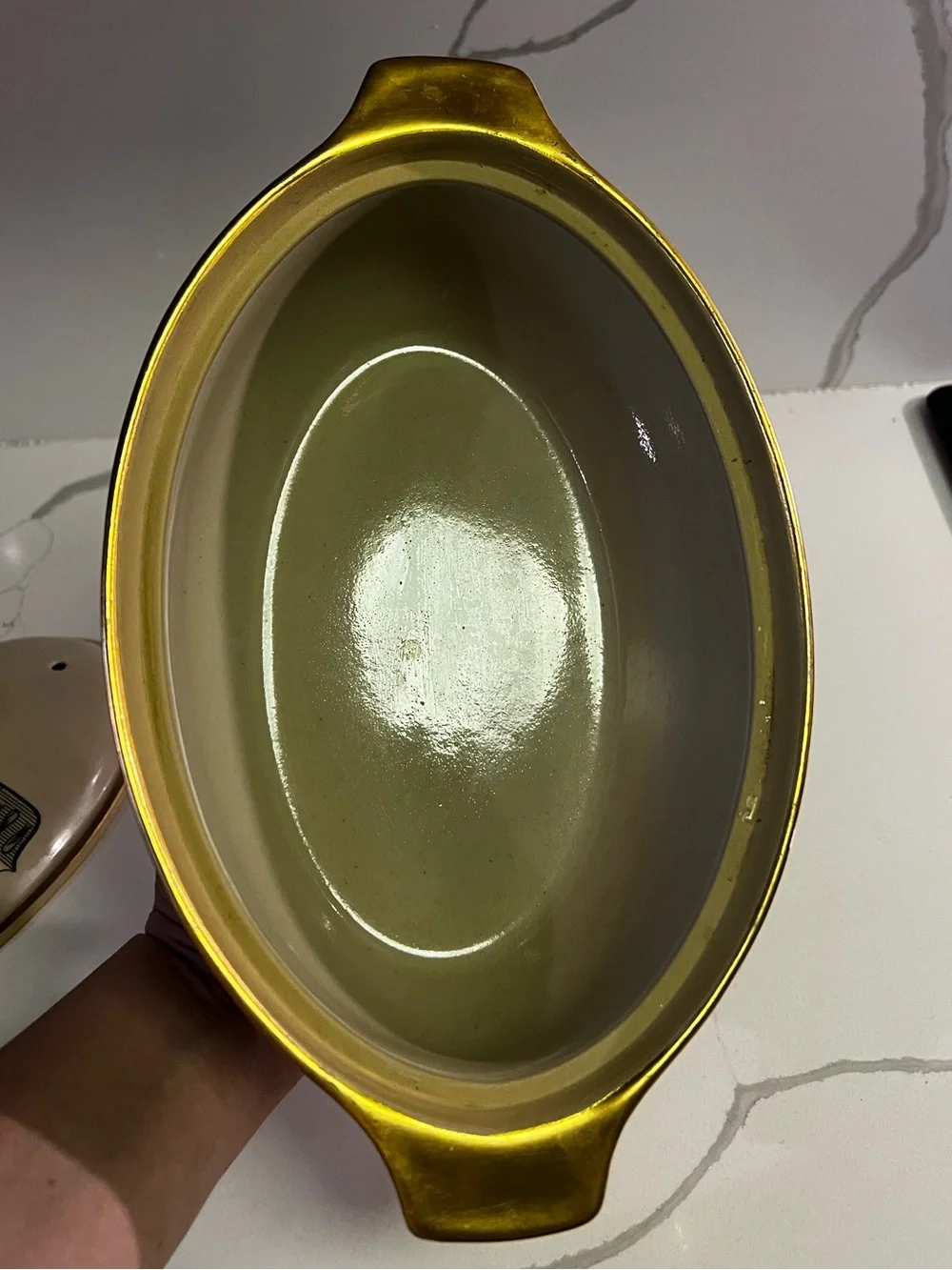 Cream Ceramic Covered Casserole Dish with Gold Trim